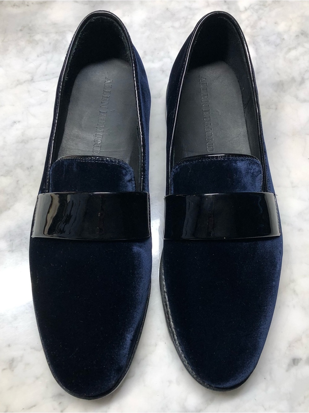 Allen Edmonds James Dress Loafers Blue Velvet Patent Leather Strap S 11D NWOB